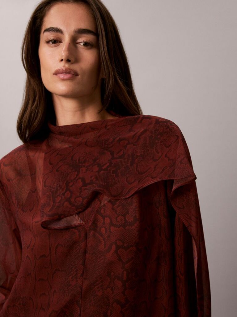 Red Chiffon Print Scarf Long Sleeve Top  Women