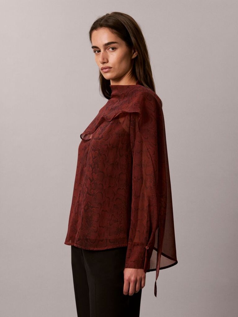 Red Chiffon Print Scarf Long Sleeve Top  Women