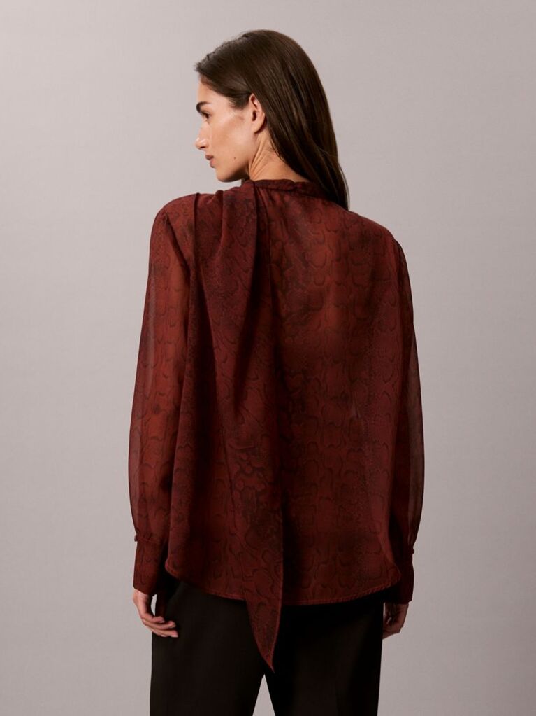 Red Chiffon Print Scarf Long Sleeve Top  Women