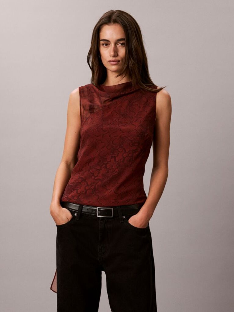 Red Chiffon Print Scarf Sleeveless Top  Women