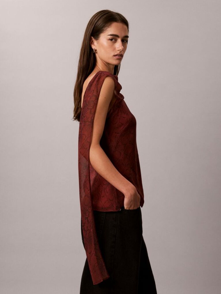 Red Chiffon Print Scarf Sleeveless Top  Women