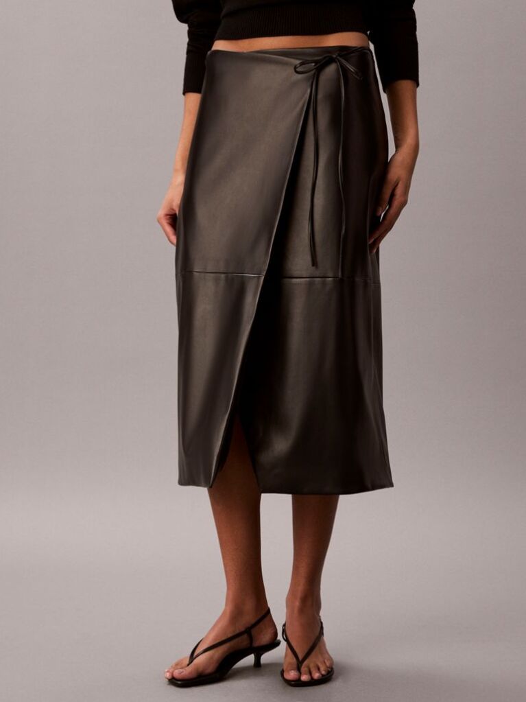 Black Faux Leather Midi Wrap Skirt  Women