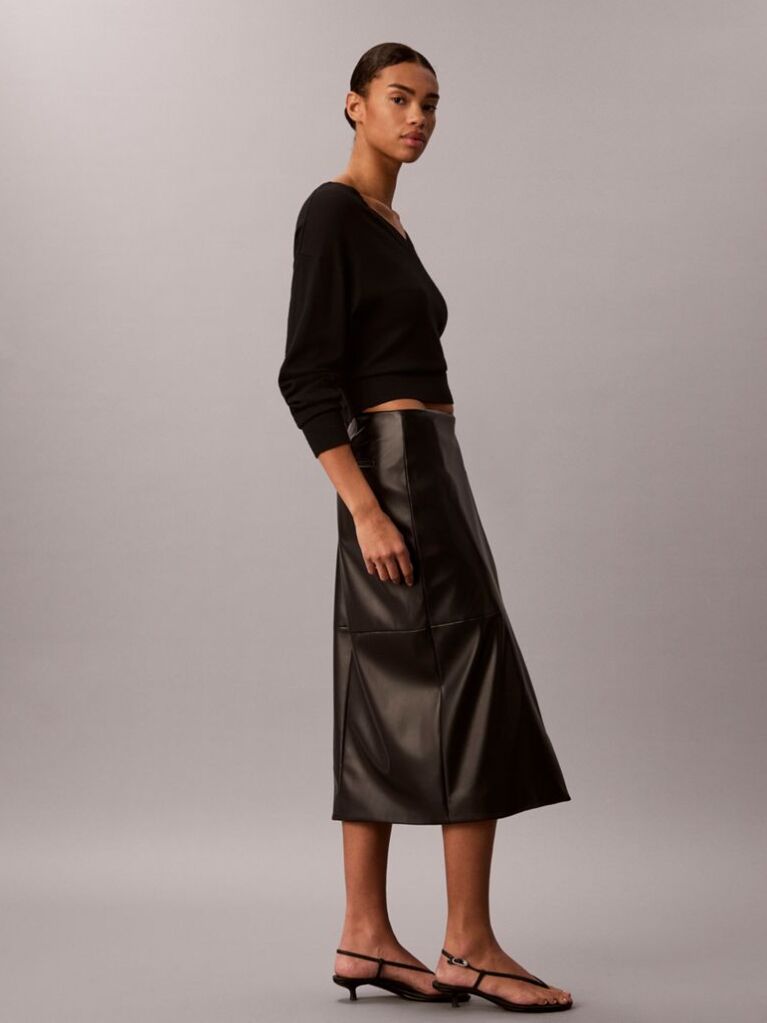 Black Faux Leather Midi Wrap Skirt  Women
