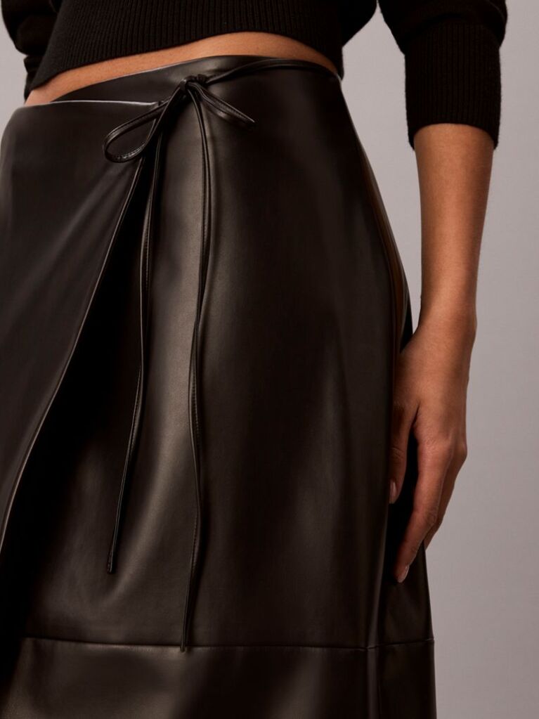 Black Faux Leather Midi Wrap Skirt  Women