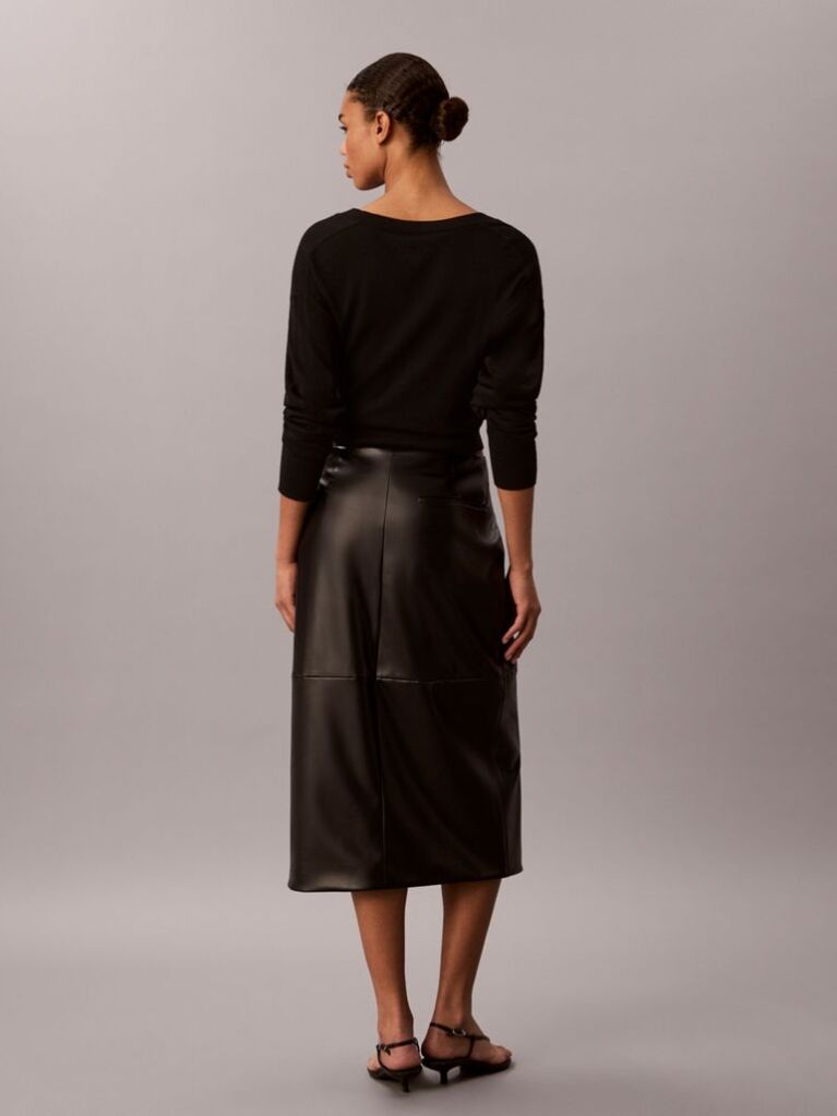 Black Faux Leather Midi Wrap Skirt  Women
