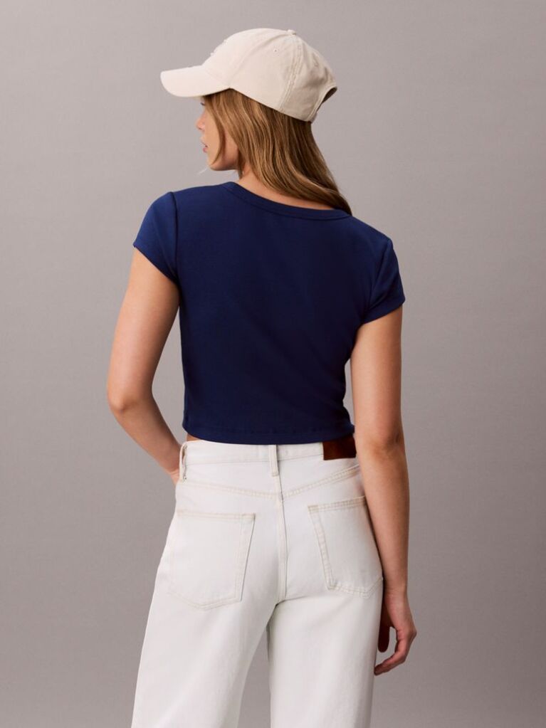 Μπλε T-Shirt Σε Slim Γραμμή Και Βαμβακερό Ριμπ  Γυναίκα
