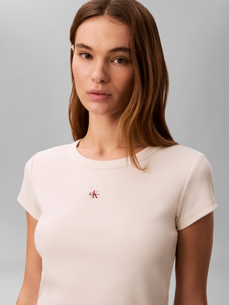 Λευκό T-Shirt Σε Slim Γραμμή Και Βαμβακερό Ριμπ  Γυναίκα
