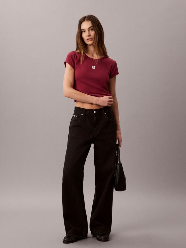 Κόκκινο T-Shirt Σε Slim Γραμμή Και Βαμβακερό Ριμπ  Γυναίκα