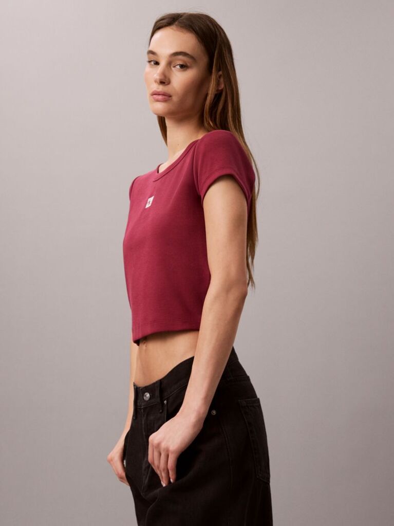 Κόκκινο T-Shirt Σε Slim Γραμμή Και Βαμβακερό Ριμπ  Γυναίκα
