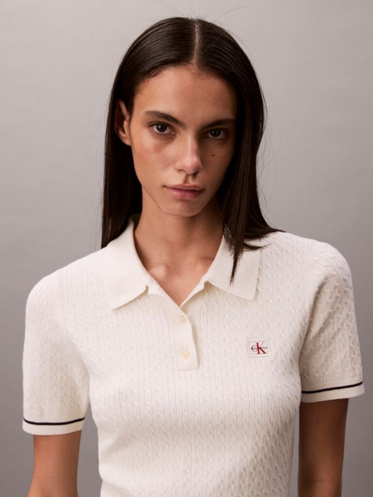 White Cable Knit Tipped Mini Polo Dress  Women