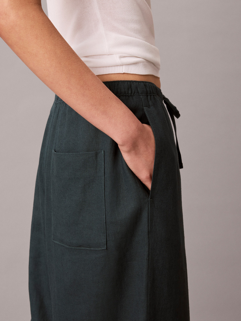 Blue Linen Blend Wide Leg Trousers  Women