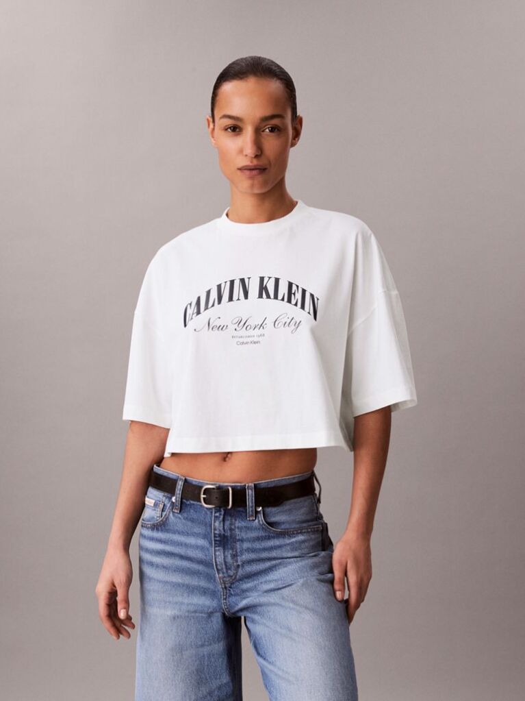 White Cropped Varsity Logo T-shirt  Women