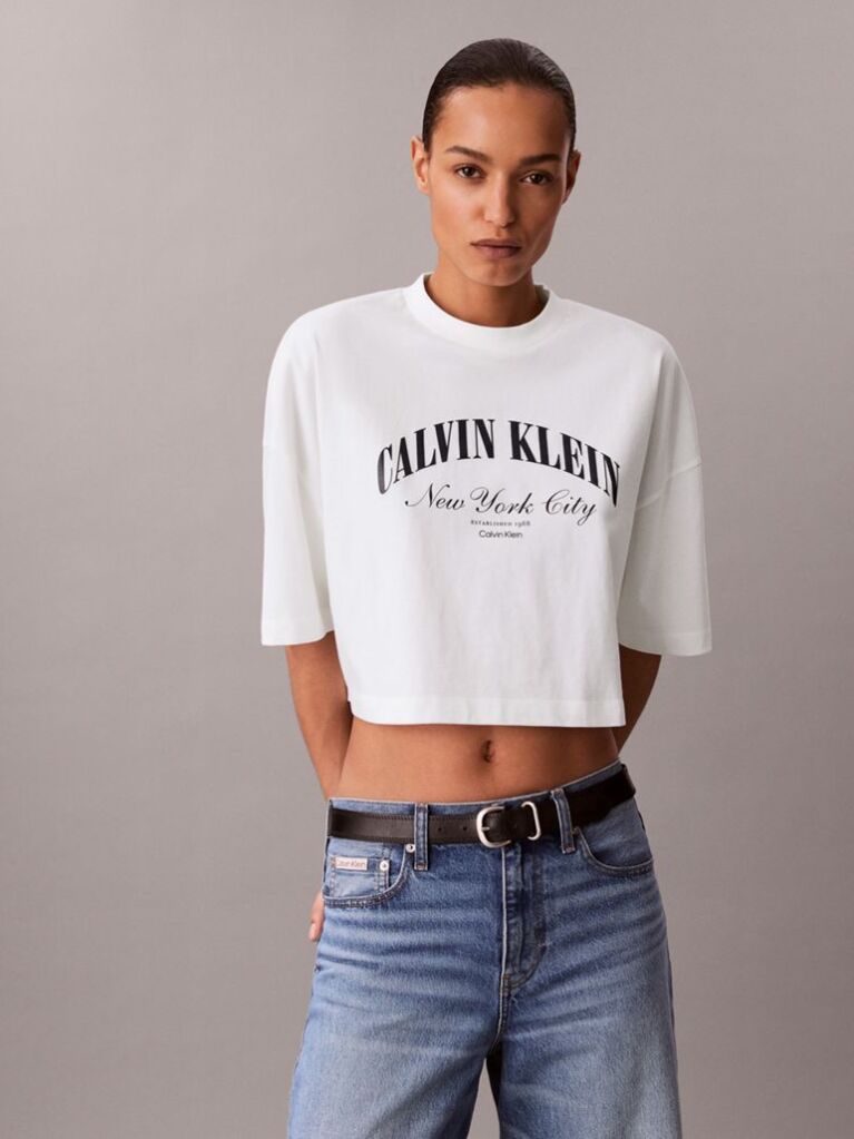 White Cropped Varsity Logo T-shirt  Women