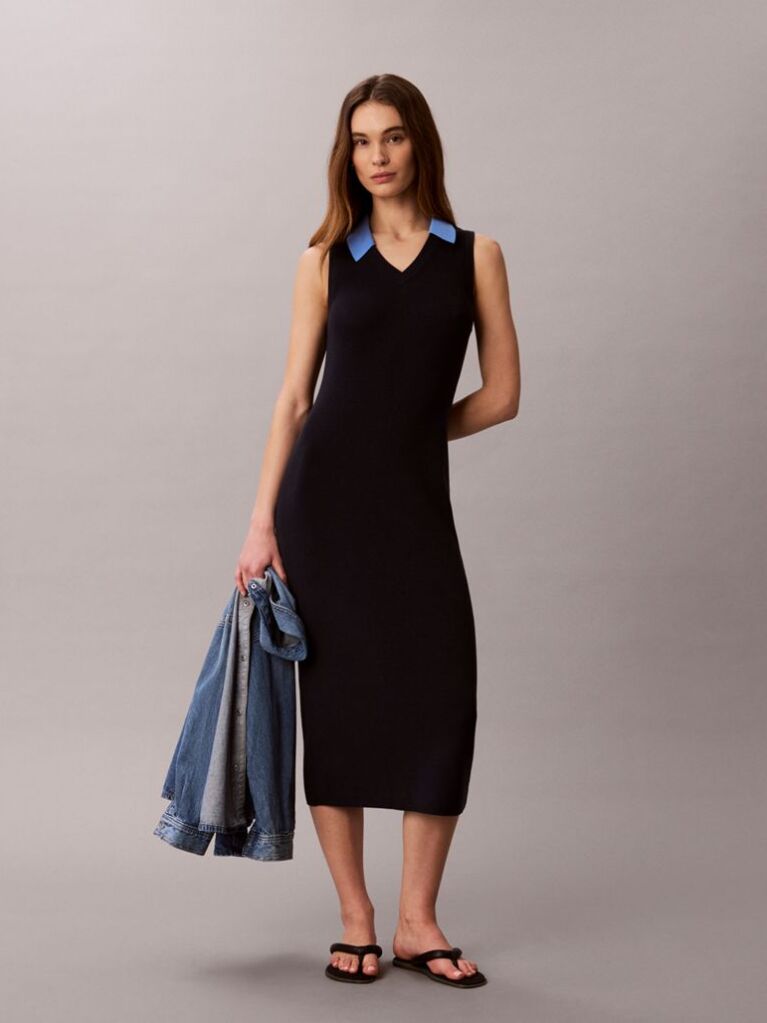 Blue Cotton Knit Sleeveless Polo Dress  Women