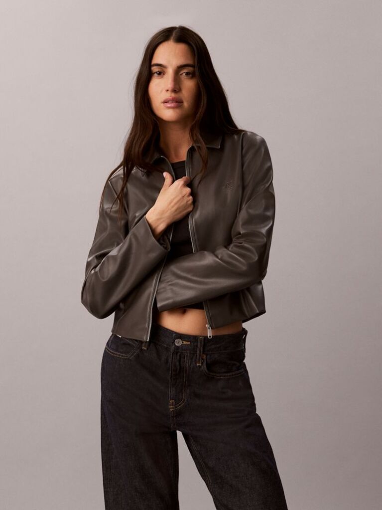 Γκρι Shirt Jacket Από Συνθετικό Δέρμα Με Φερμουάρ  Γυναίκα
