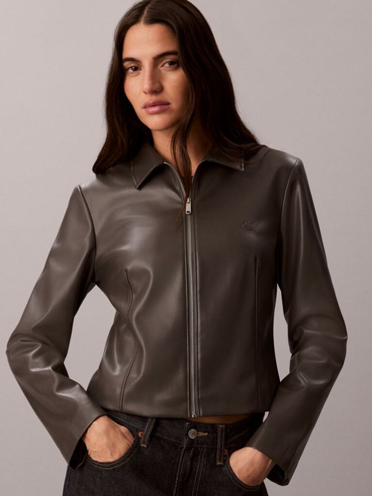 Γκρι Shirt Jacket Από Συνθετικό Δέρμα Με Φερμουάρ  Γυναίκα