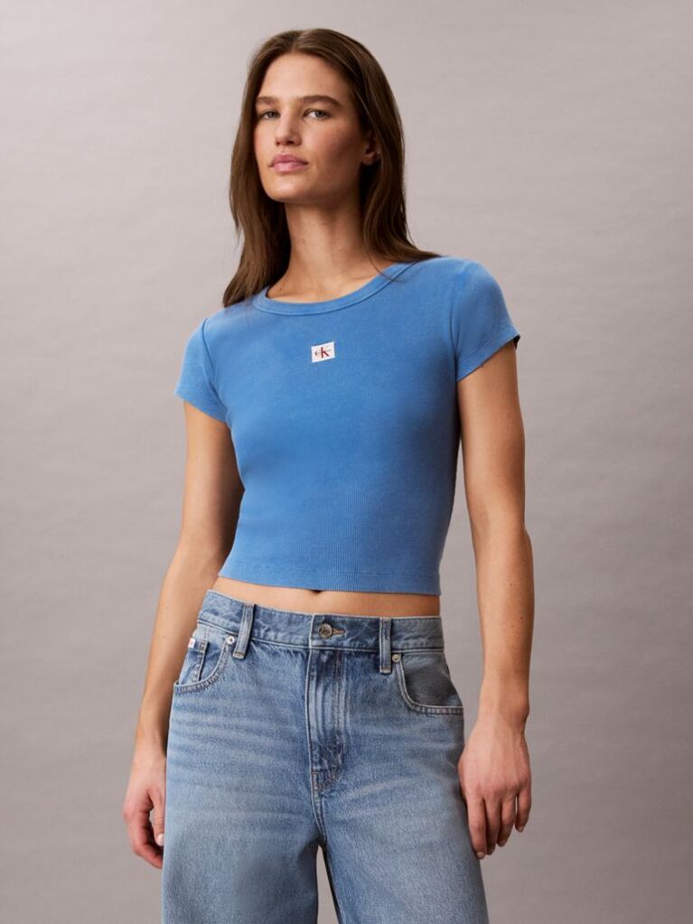 Μπλε Στενό Ριμπ T-shirt Από Βαμβάκι Με Επεξεργασία Washed  Γυναίκα