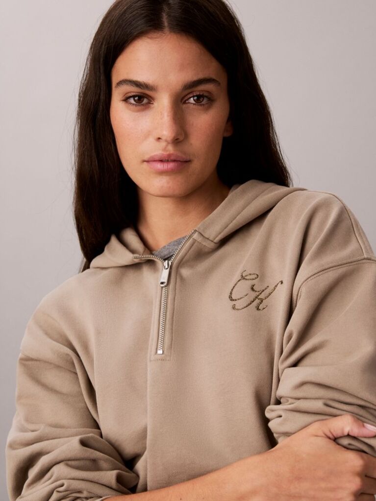 Καφέ Hoodie Με Φερμουάρ 1/4 Και Glitter Λογότυπο  Γυναίκα