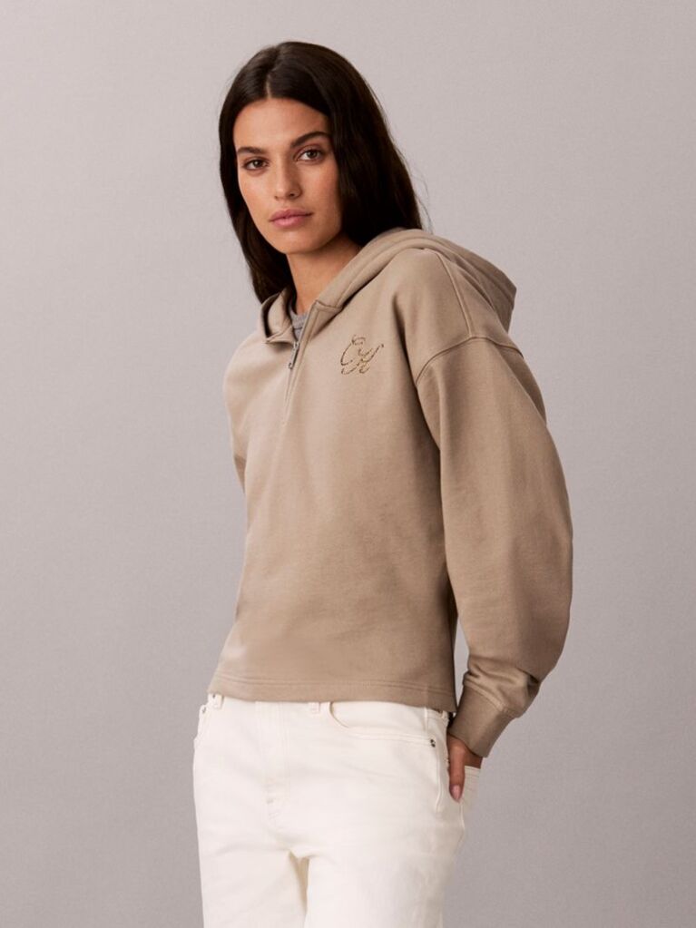 Καφέ Hoodie Με Φερμουάρ 1/4 Και Glitter Λογότυπο  Γυναίκα
