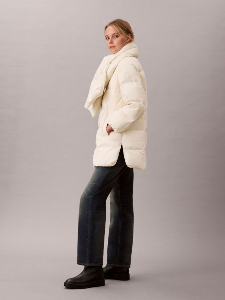Beige Quilted Down Puffer Coat with Scarf  Women