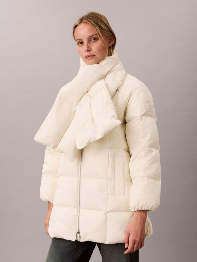 Beige Quilted Down Puffer Coat with Scarf  Women