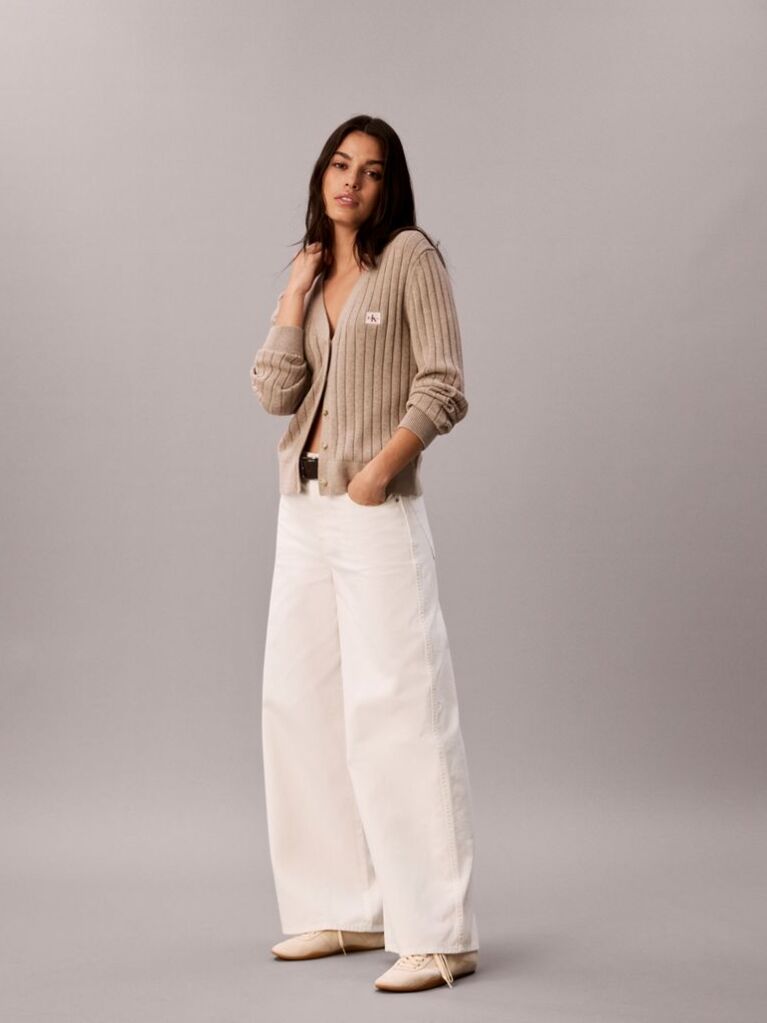 White Cotton Twill Wide Leg Trousers  Women