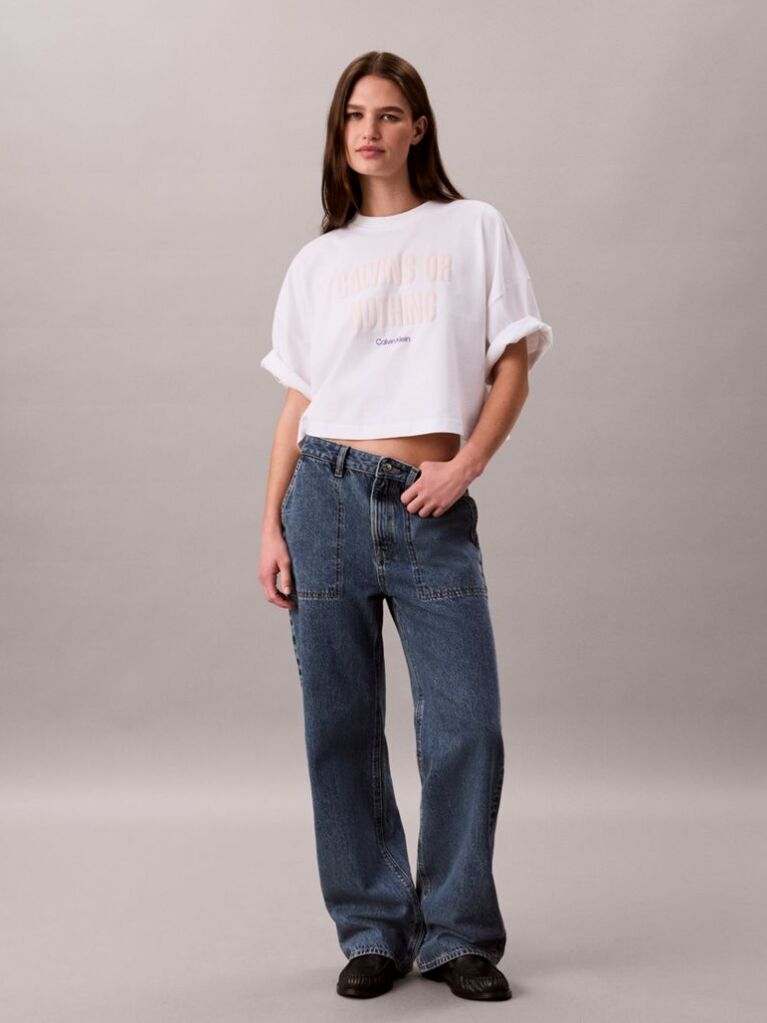 White Bold Logo Boxy Cropped T-Shirt  Women