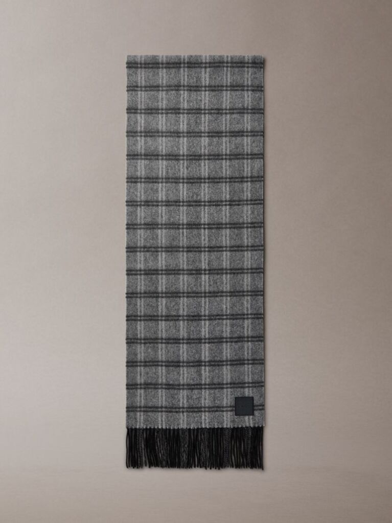 Black Checked Wool Leather Badge Scarf  Men