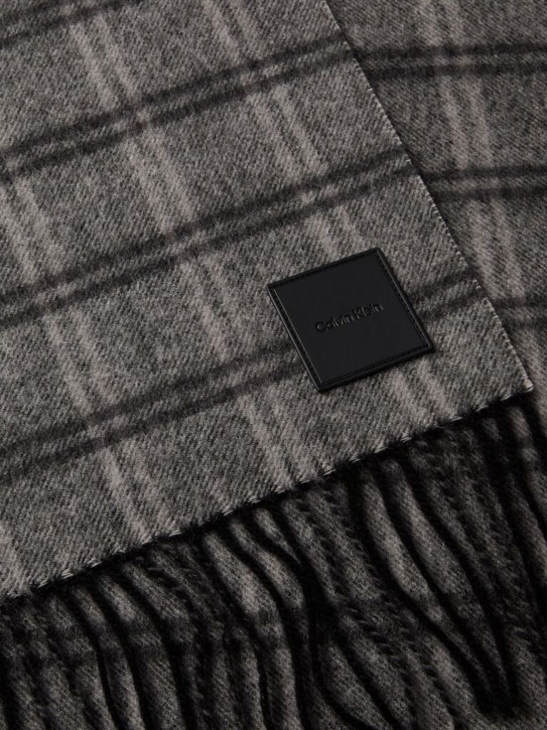Black Checked Wool Leather Badge Scarf  Men
