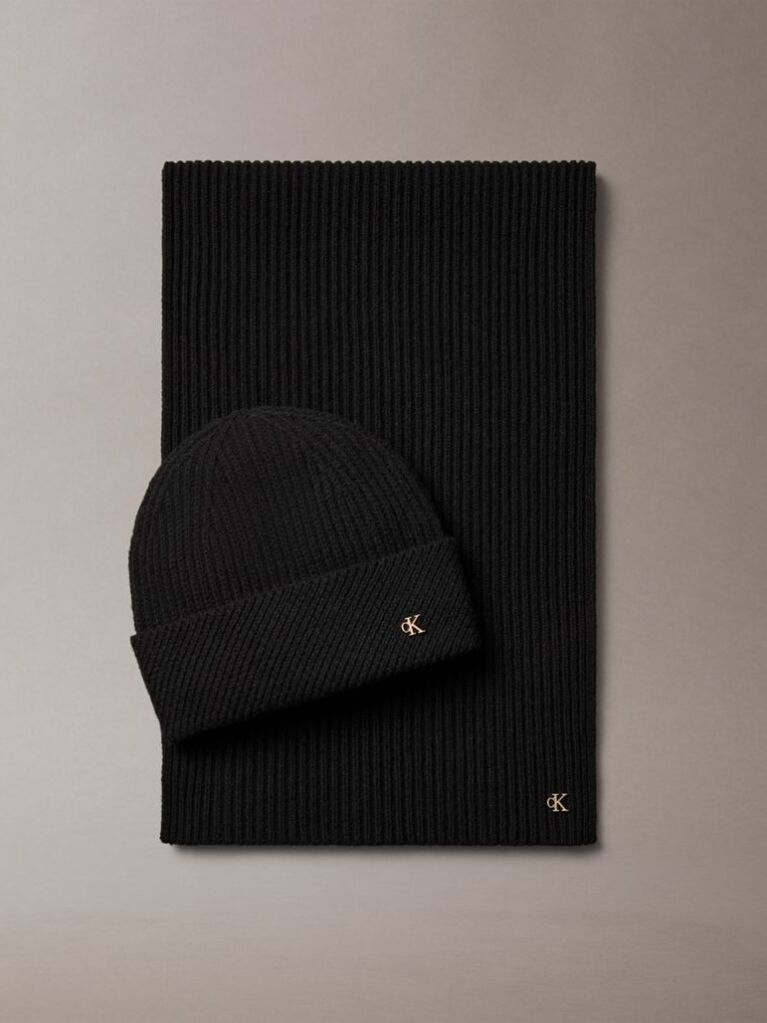 Black Wool Blend Scarf and Beanie Gift Set  Women