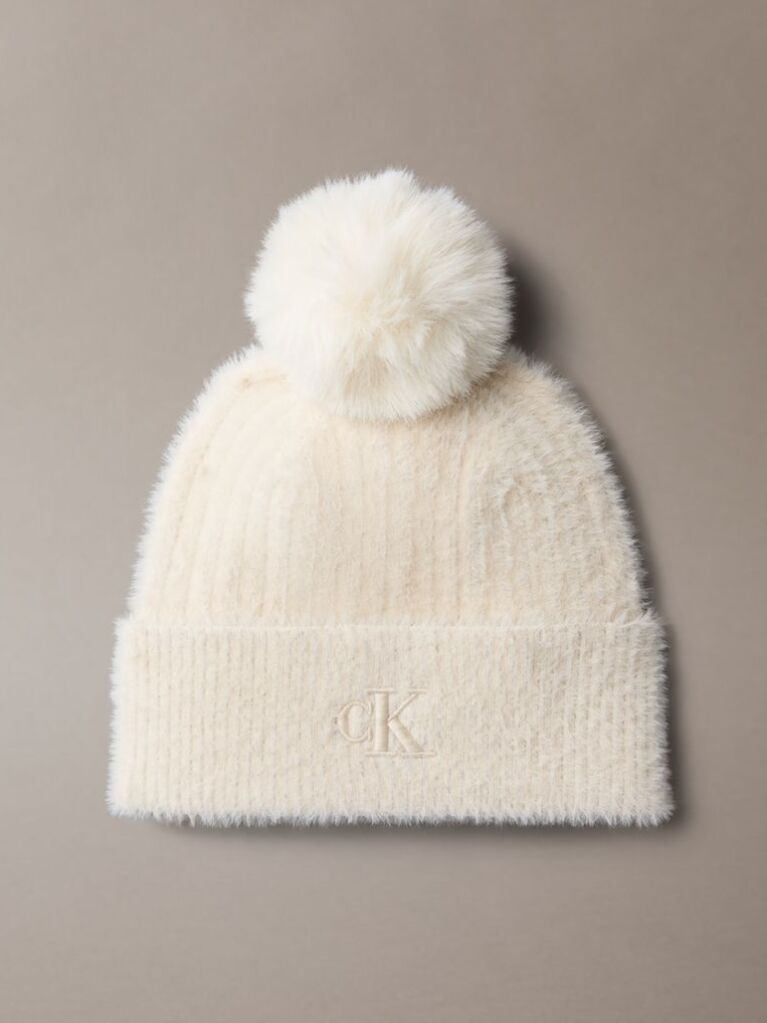 White Monogram Embroidery Fluffy Pom Pom Beanie  Women