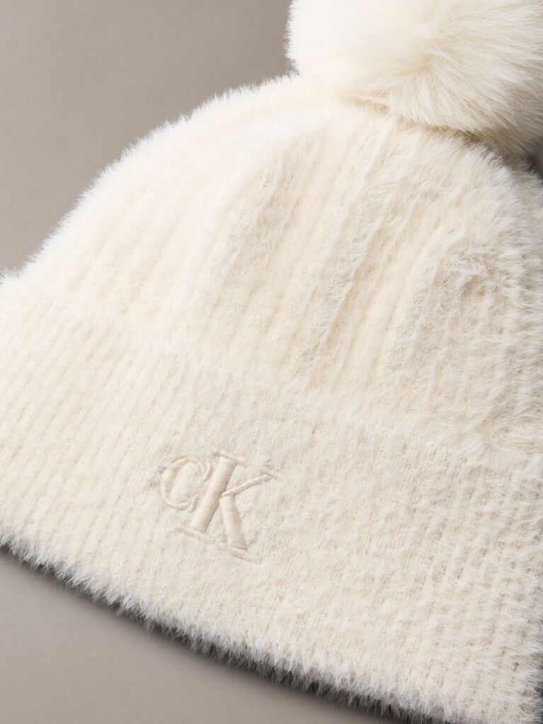 White Monogram Embroidery Fluffy Pom Pom Beanie  Women