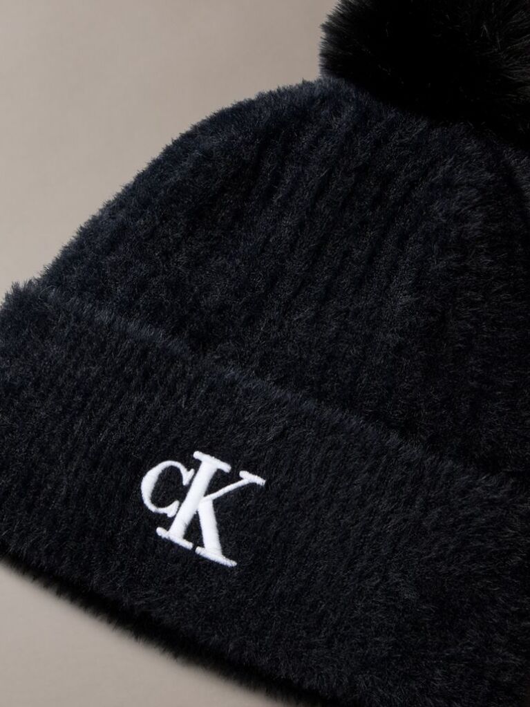 Black Monogram Embroidery Fluffy Pom Pom Beanie  Women