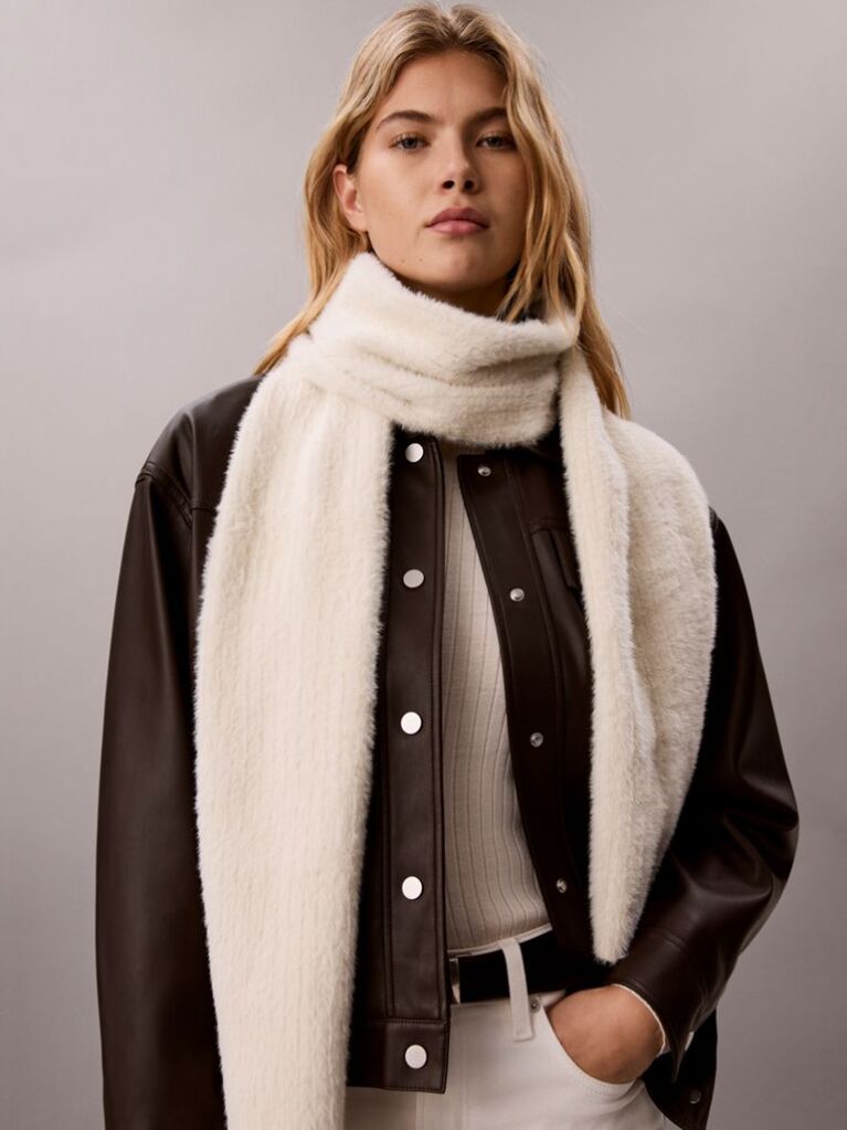 White Monogram Embroidery Fluffy Ribbed Scarf  Women