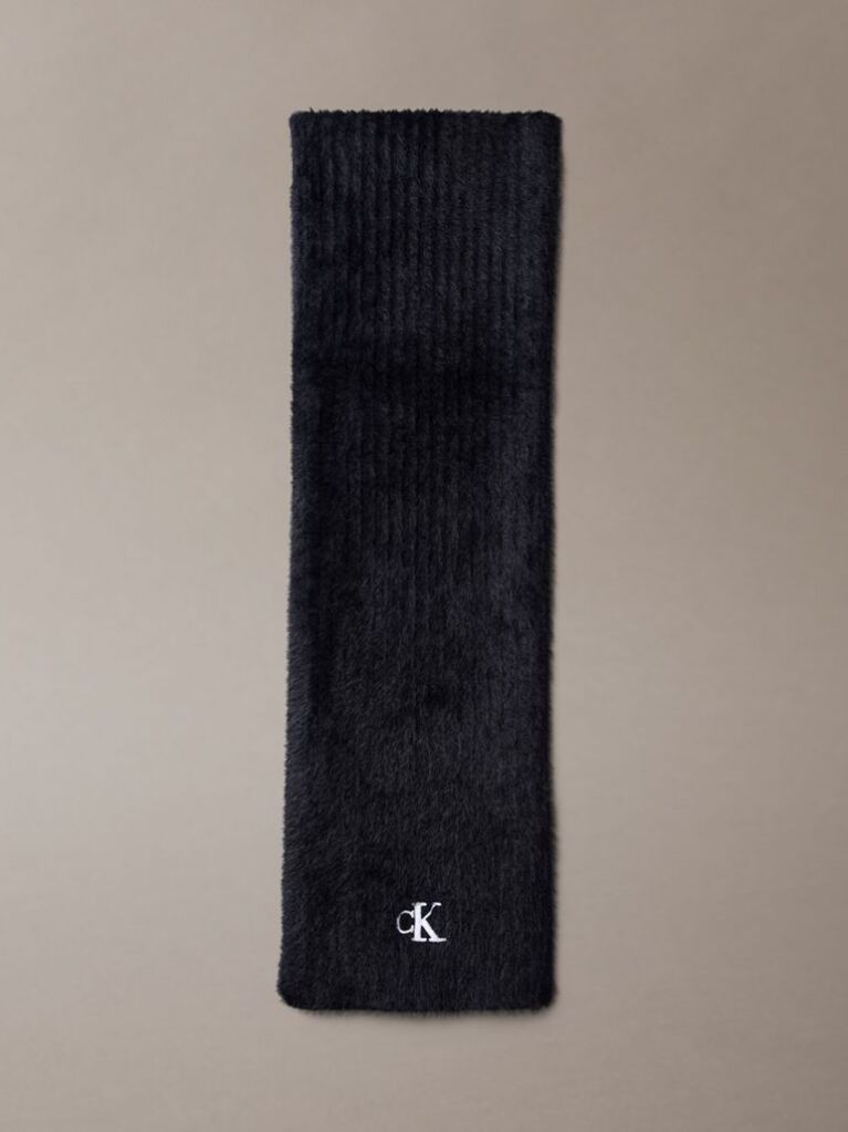 Black Monogram Embroidery Fluffy Ribbed Scarf  Women
