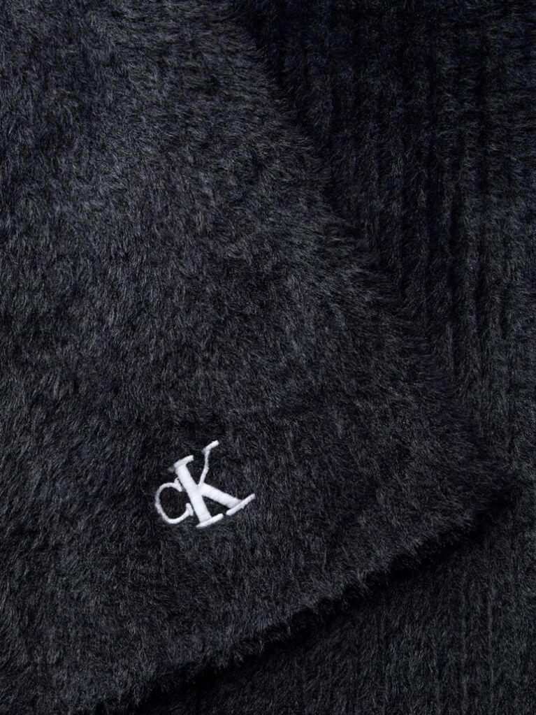 Black Monogram Embroidery Fluffy Ribbed Scarf  Women