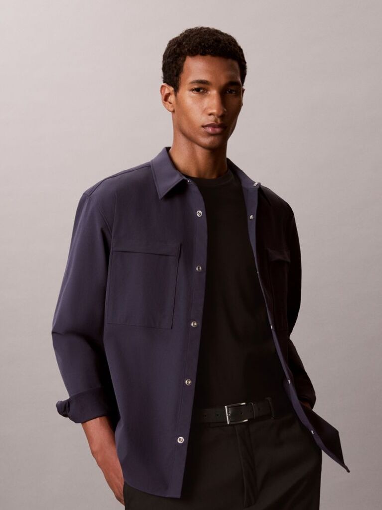 Μπλε Μακρυμάνικο Overshirt Με Άνετη Γραμμή Από Tech Dobby Πλεκτό  Άνδρας