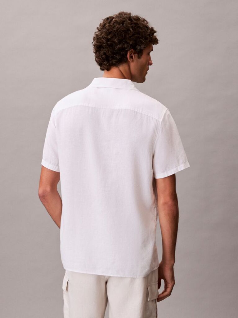 White Linen Blend Short Sleeve Shirt  Men