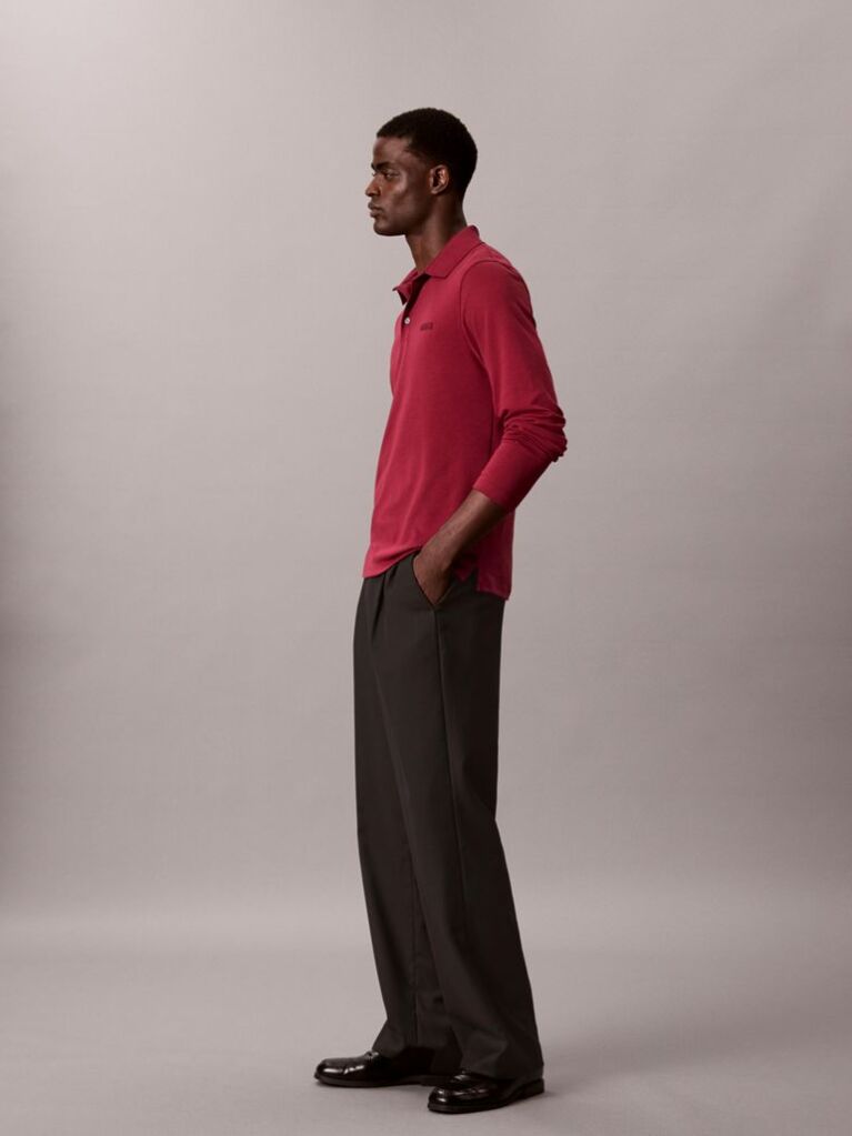 Red Slim Cotton Long Sleeve Polo Shirt  Men