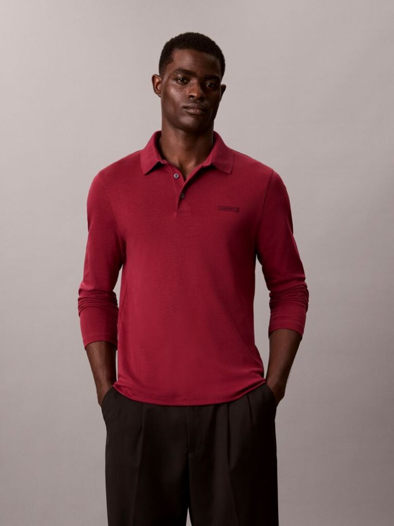 Red Slim Cotton Long Sleeve Polo Shirt  Men