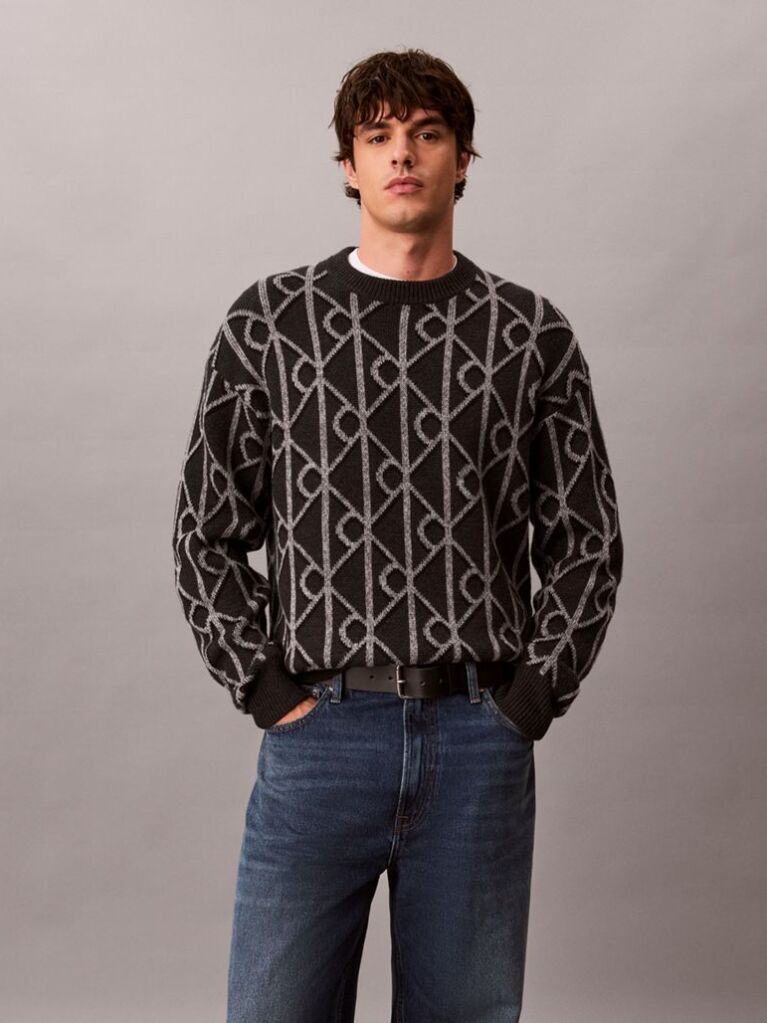 Grey Wool Blend Logo Jacquard Jumper  Men