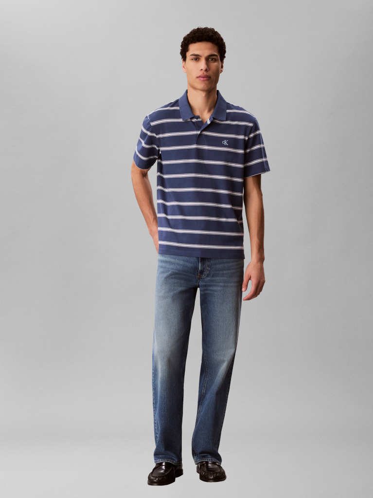 Blue Short Sleeve Easy 16S Jersey Stripe Polo Shirt  Men