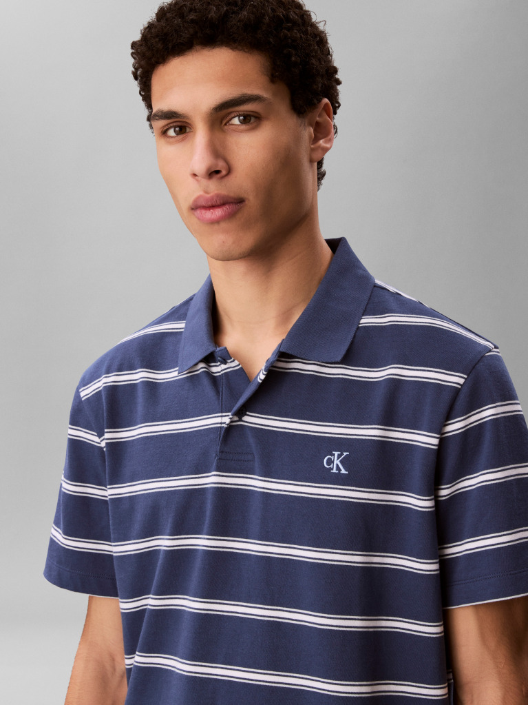 Blue Short Sleeve Easy 16S Jersey Stripe Polo Shirt  Men