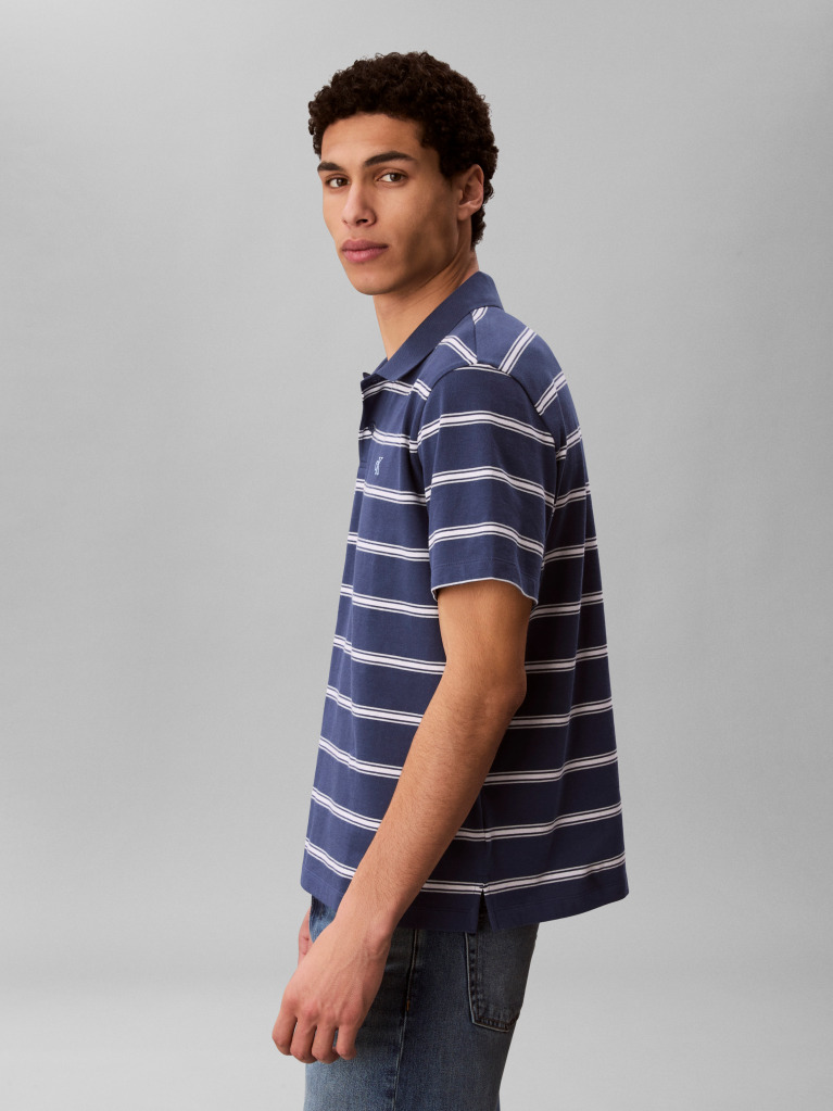 Blue Short Sleeve Easy 16S Jersey Stripe Polo Shirt  Men