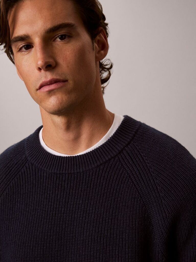 Blue Wool Blend Ribbed Jumper  Men