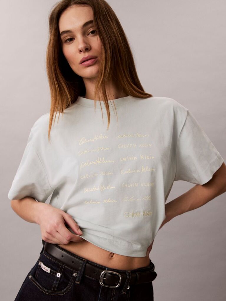 Γκρι Κοντομάνικο T-Shirt Με Graphic Τύπωμα Και Crop Boxy Γραμμή  Γυναίκα