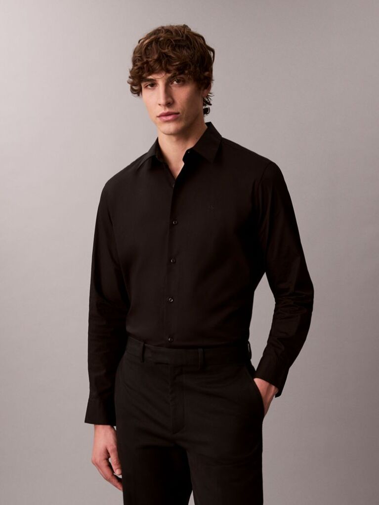 Black Long Sleeve Solid Stretch Classic Shirt  Men