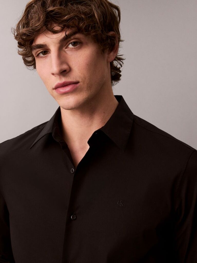 Black Long Sleeve Solid Stretch Classic Shirt  Men