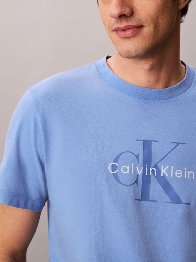 Μπλε T-Shirt Από Πλυμένο Βαμβάκι Με Monogram Σχέδιο  Άνδρας