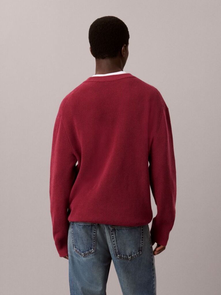 Red Waffle Knit Crew Neck Jumper  Men
